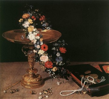 Stillleben mit Girlande der Blumen und goldene Tazza Flämisch Jan Brueghel der Ältere Blume Ölgemälde